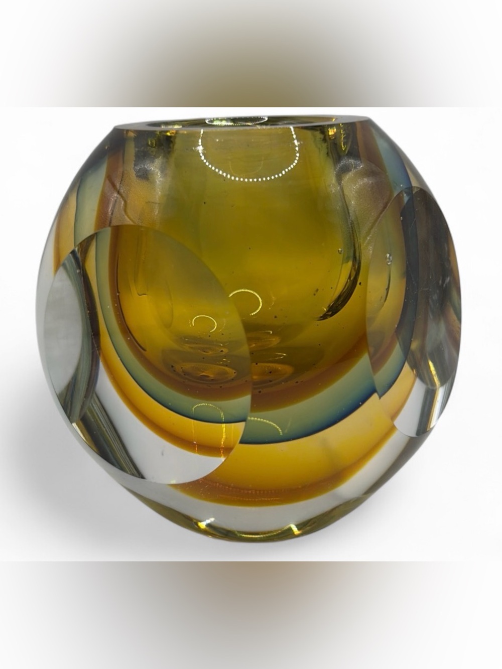 Vintage Mid Century Murano Sommerso Style Faceted Art Glass Object Vessel Vase